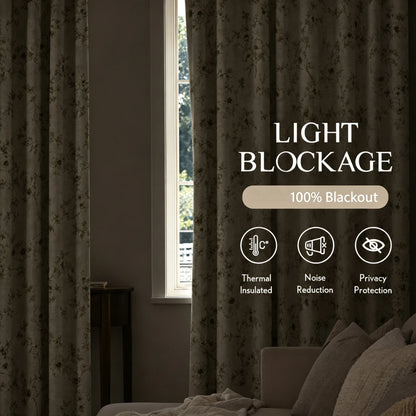 Botanical Green Floral Blackout Curtains 4 Panels Set, Total Blackout, with White Coating Backing, 4 Sizes.....