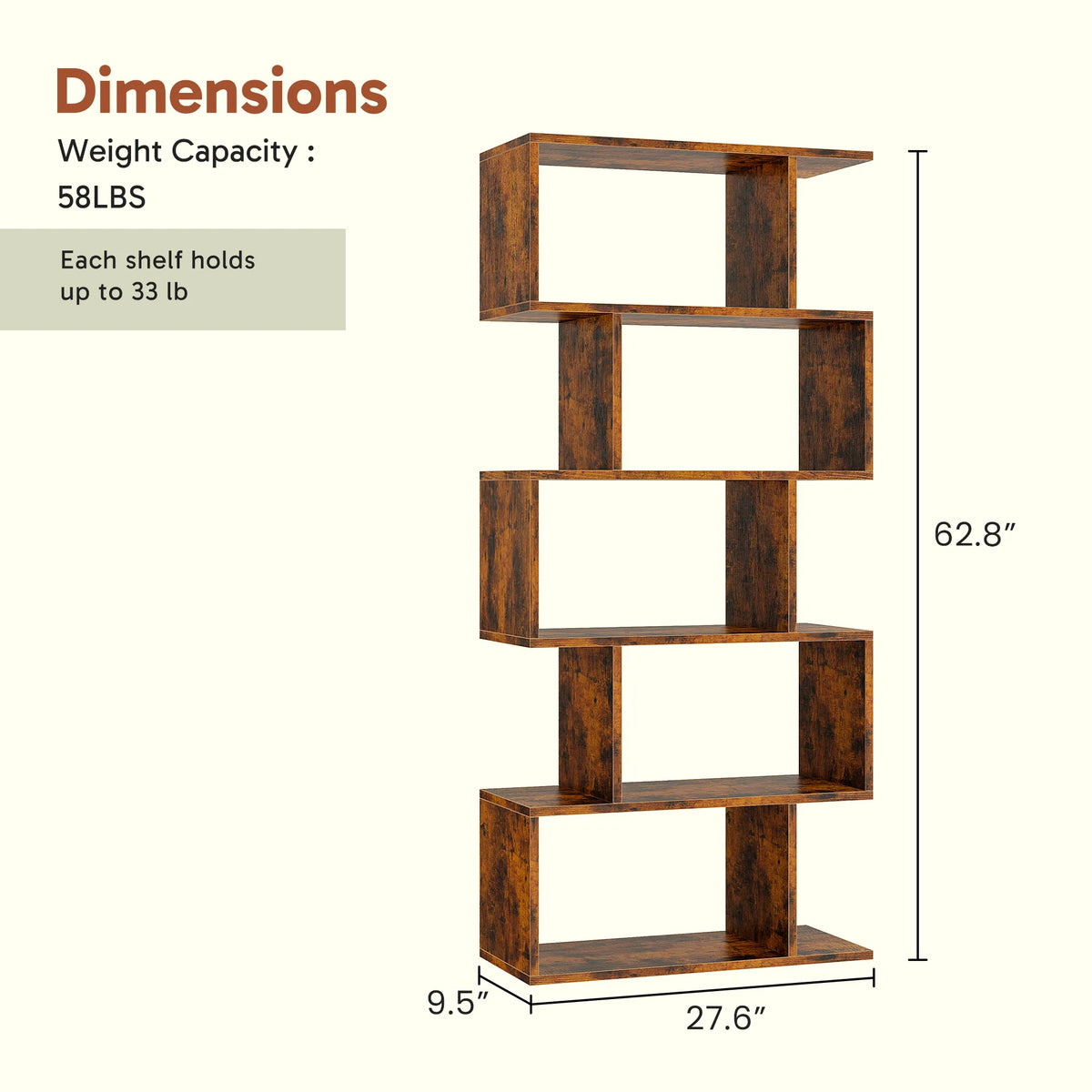 62IN Wooden Bookshelf 5 Tier Standing Shelf, Stable Frame....
