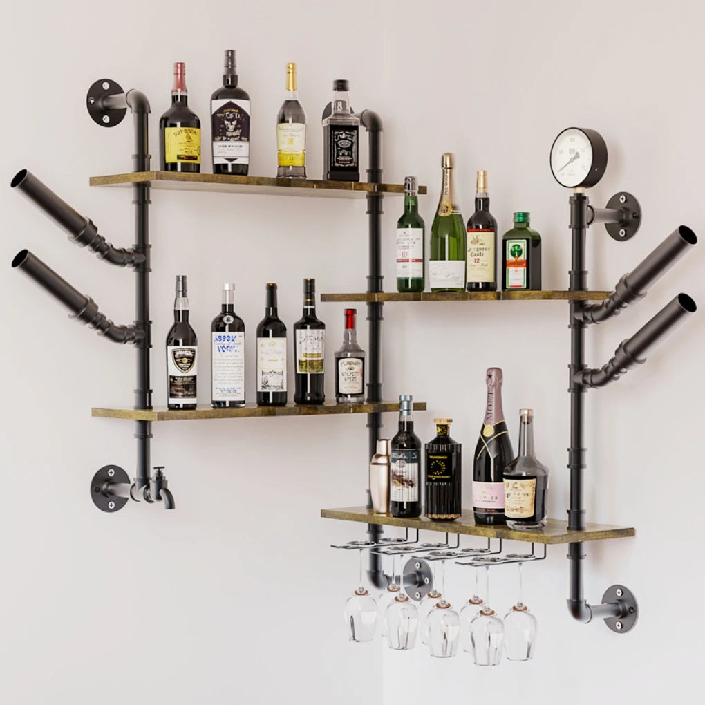 Pipe Bar Liquor Shelf, Floating Shelves with Wine Glass Holder, Black ....
