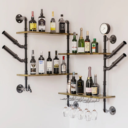 Pipe Bar Liquor Shelf, Floating Shelves with Wine Glass Holder, Black ....