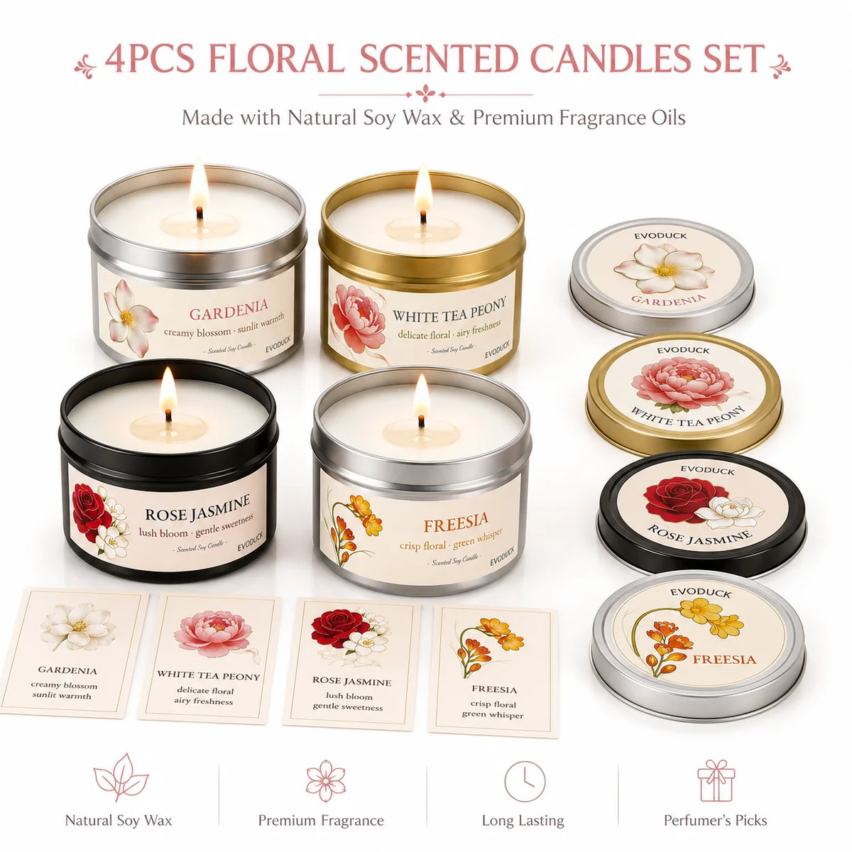 2Pcs Floral Scented Candle Set with White Tea Peony, Rose Jasmine, Freesia and Gardenia Fragrances, Natural Soy Wax,