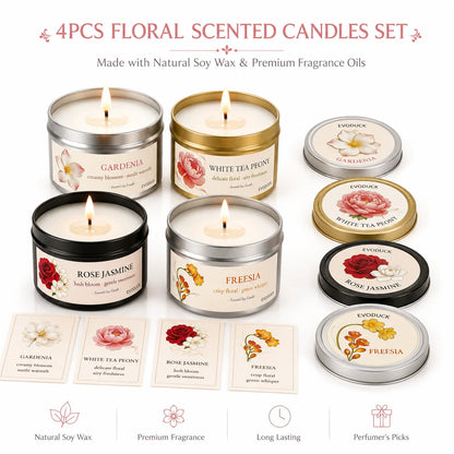2Pcs Floral Scented Candle Set with White Tea Peony, Rose Jasmine, Freesia and Gardenia Fragrances, Natural Soy Wax,
