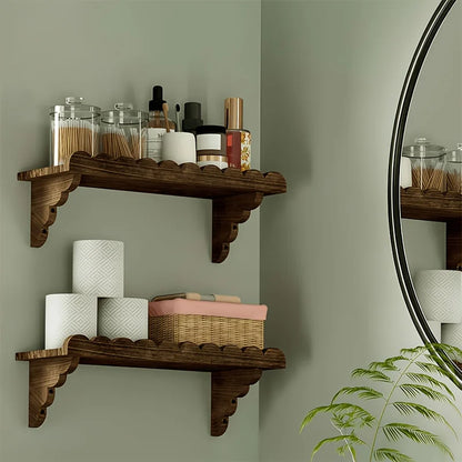 Rustic Scalloped Floating Wooden Wall Shelves Set of 2, Dark Burnt Wood Finish
