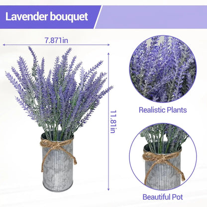 3-Piece Lavender Flowers Artificial with Wood Tray Set, with Galvanized Metal Bucket,