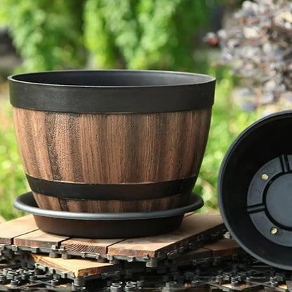 Rustic Whiskey Barrel Planter, Wooden Plastic Flower Pot with Drainage Holes....