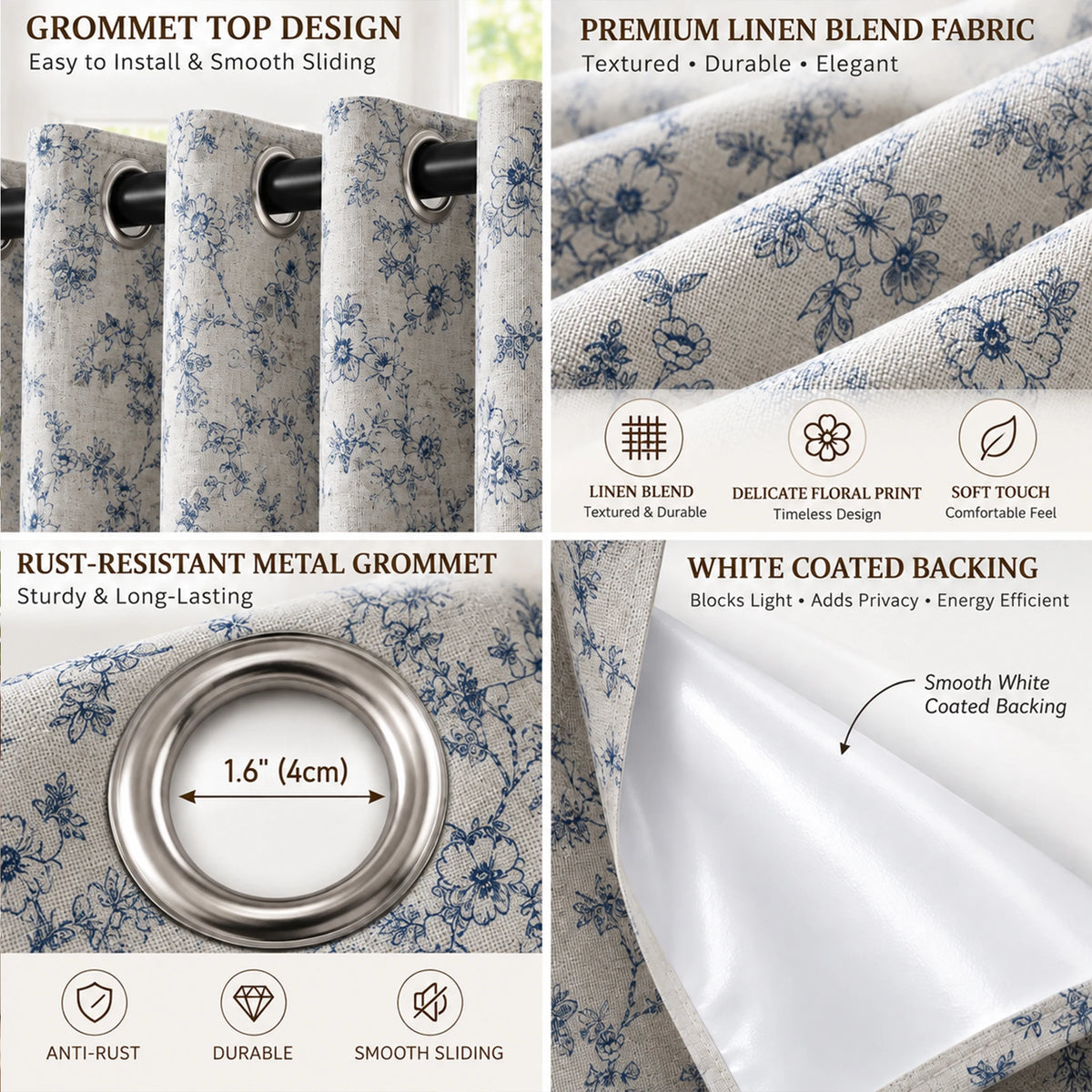 4 Panels, 4color Set Floral Print Blackout Curtains, Grommet Eyelet Energy, 4Sizes