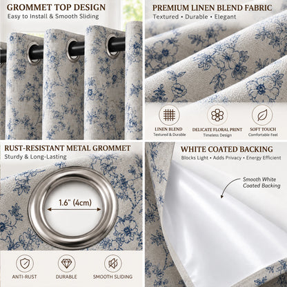 4 Panels, 4color Set Floral Print Blackout Curtains, Grommet Eyelet Energy, 4Sizes