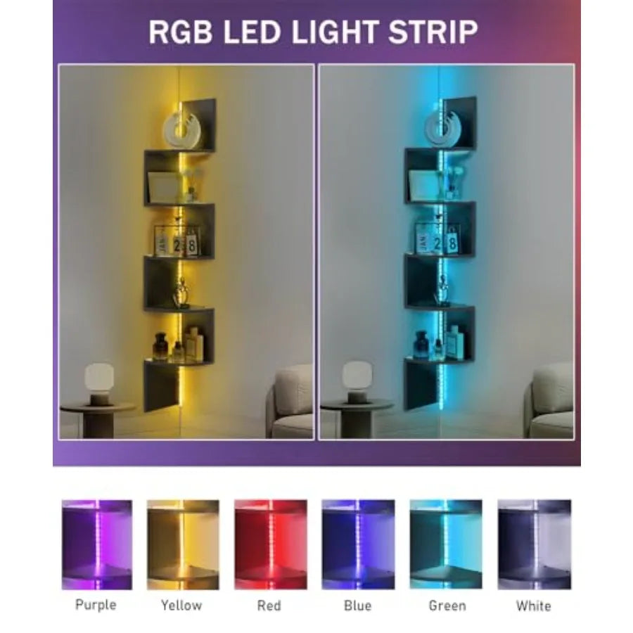5 Tiers Plastic  Floating Corner Shelf with RGB LED Lights 49.2" Wall Mount