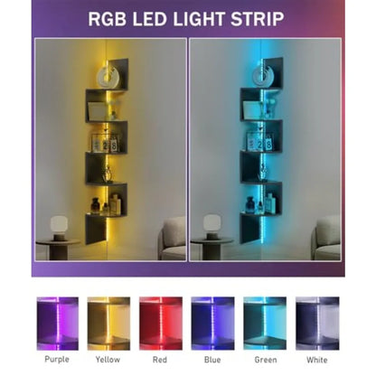 5 Tiers Plastic  Floating Corner Shelf with RGB LED Lights 49.2" Wall Mount