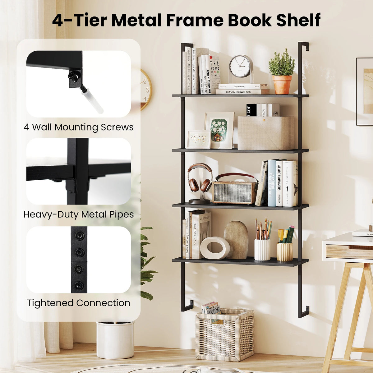 4-Tier Rustic Looking Ladder Shelf Bookshelf, w/ Metal Frame  Brown....