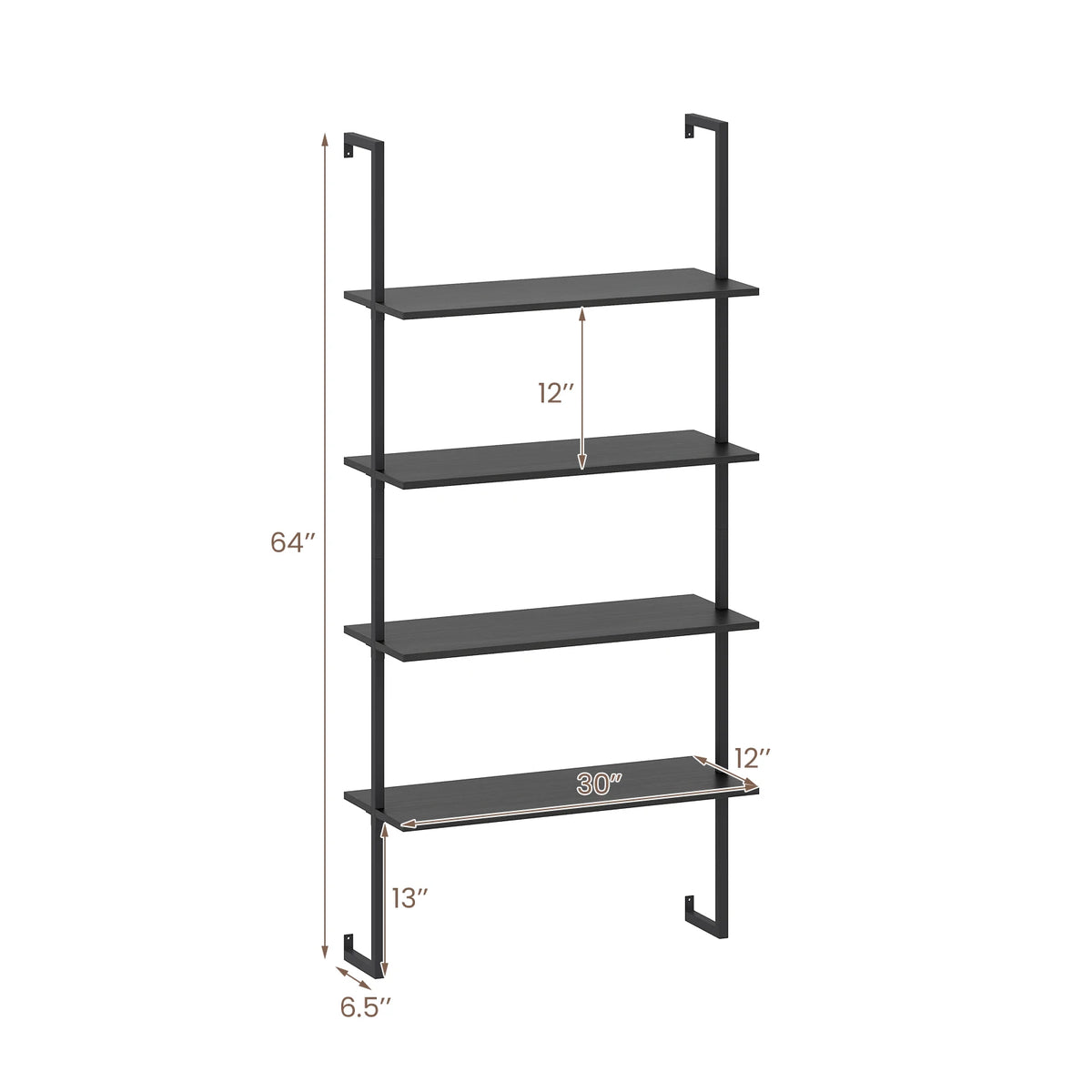 4-Tier Rustic Looking Ladder Shelf Bookshelf, w/ Metal Frame  Brown....