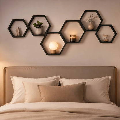 Hexagonal Floating Wooden Wall Shelves Set of 3, Black Geometric