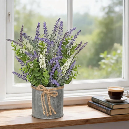 2-Piece Lavender Artificial Flowers & Foam Fruit+Eucalyptus Set, with Galvanized Metal Bucket