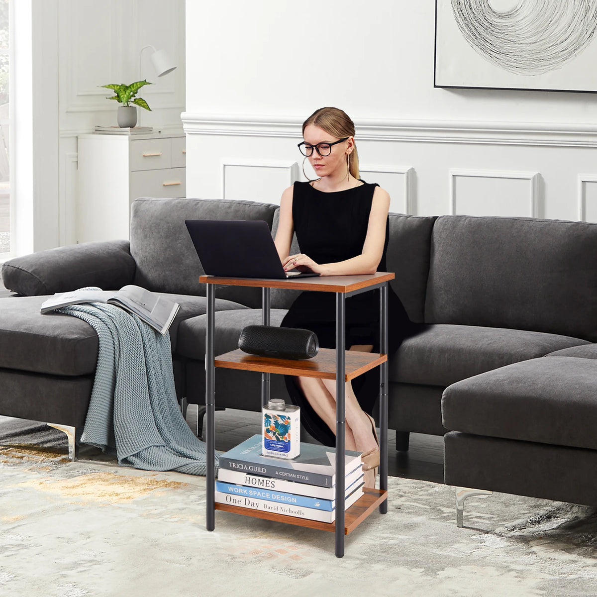 JHK 2/3-Tier End Tables with Adjustable Feet Steel Frame