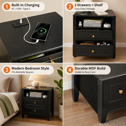 Nightstand with Charging Station 2 Drawers and Open Shelf with USB Type C Port AC Outlet