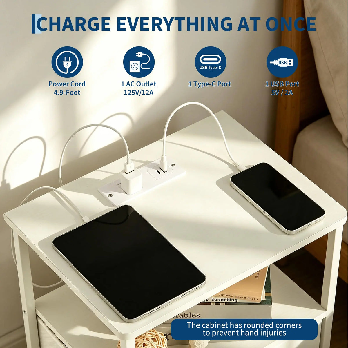 Nightstand With Charging Station, 3-Tier With Fabric Drawer, Metal Frame