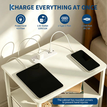 Nightstand With Charging Station, 3-Tier With Fabric Drawer, Metal Frame