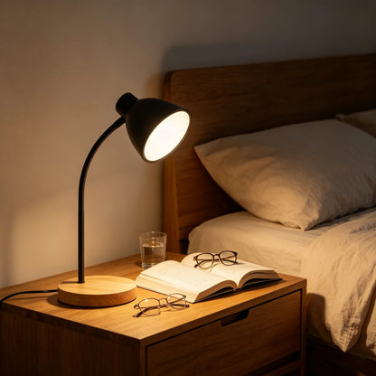 Desk Lamp ,Dimmable, with Flexible Gooseneck Black Metal Shade & Wooden Base USB Powered