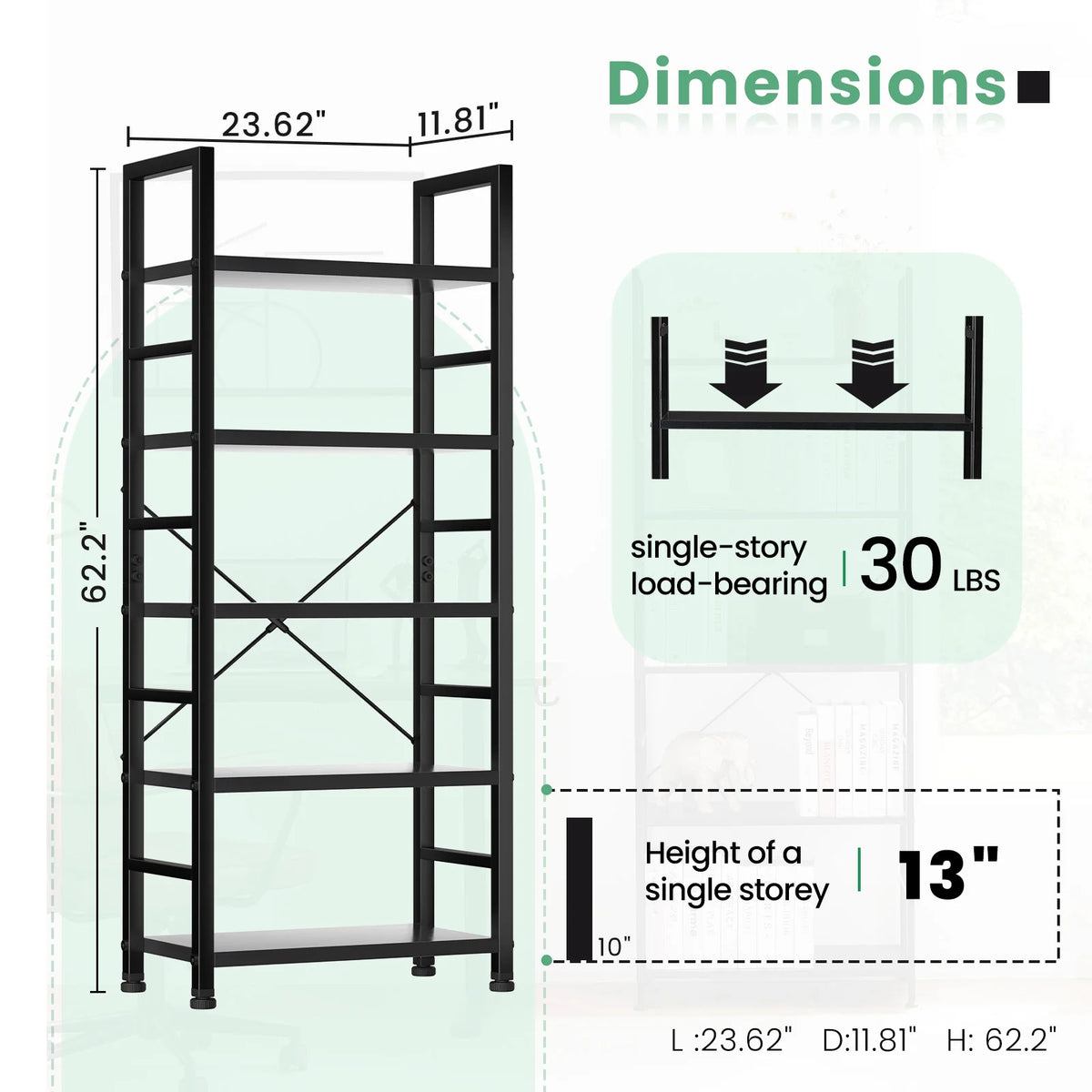 5 Tier Wooden Display Bookshelf Standing Stable Metal Frame