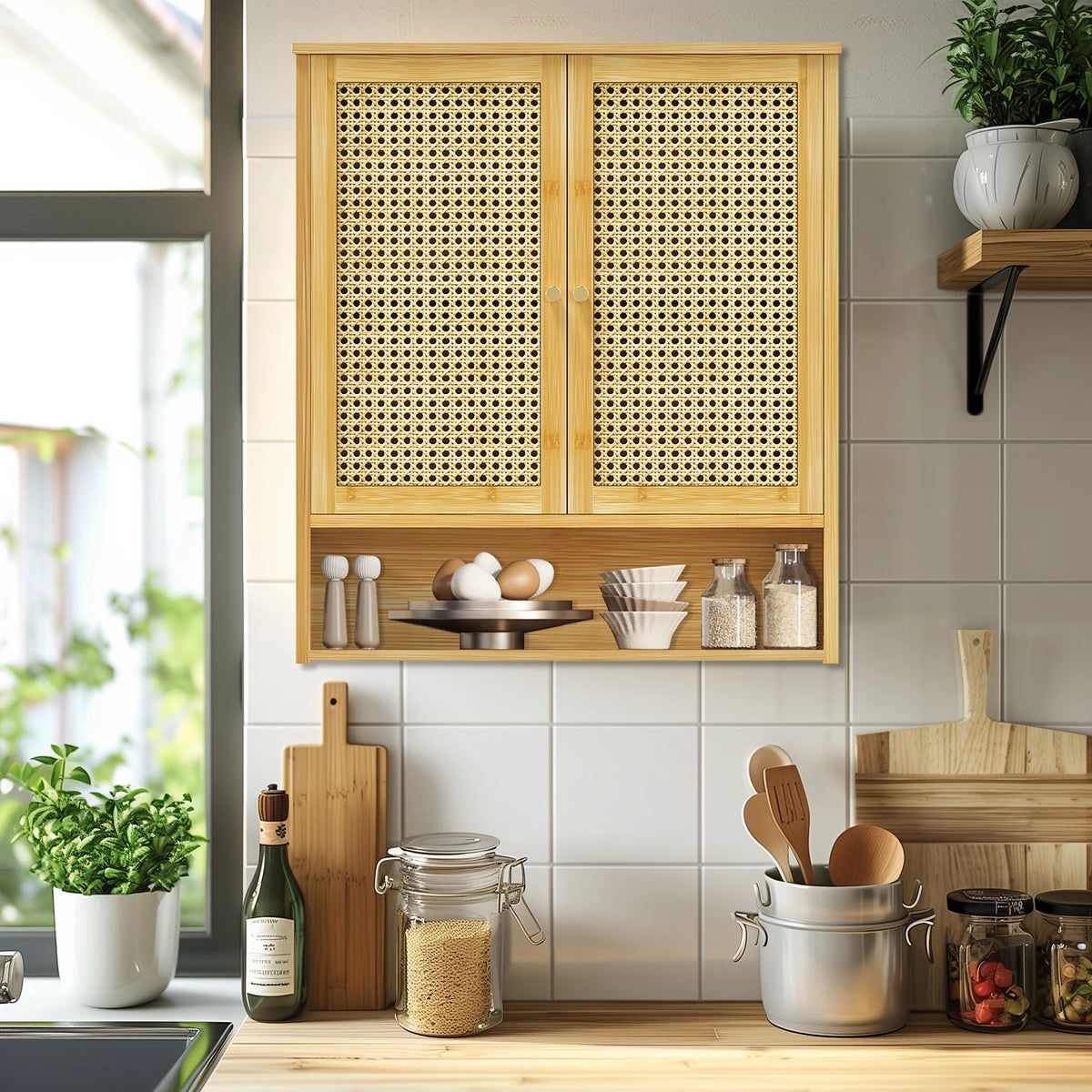 Bamboo Bathroom Wall Cabinet, Over the Toilet, Solid Wood, 3 Shelves, 2 Doors