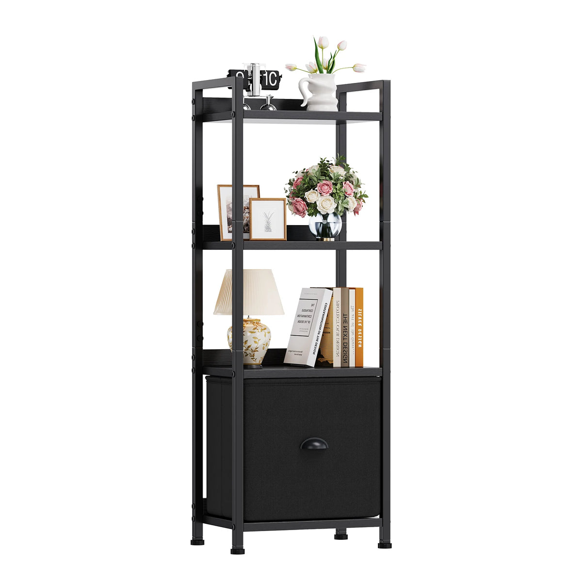 4-5 Tier Storage shelfs with Fabric Drawer Standing Book Shelf, Wood and Metal