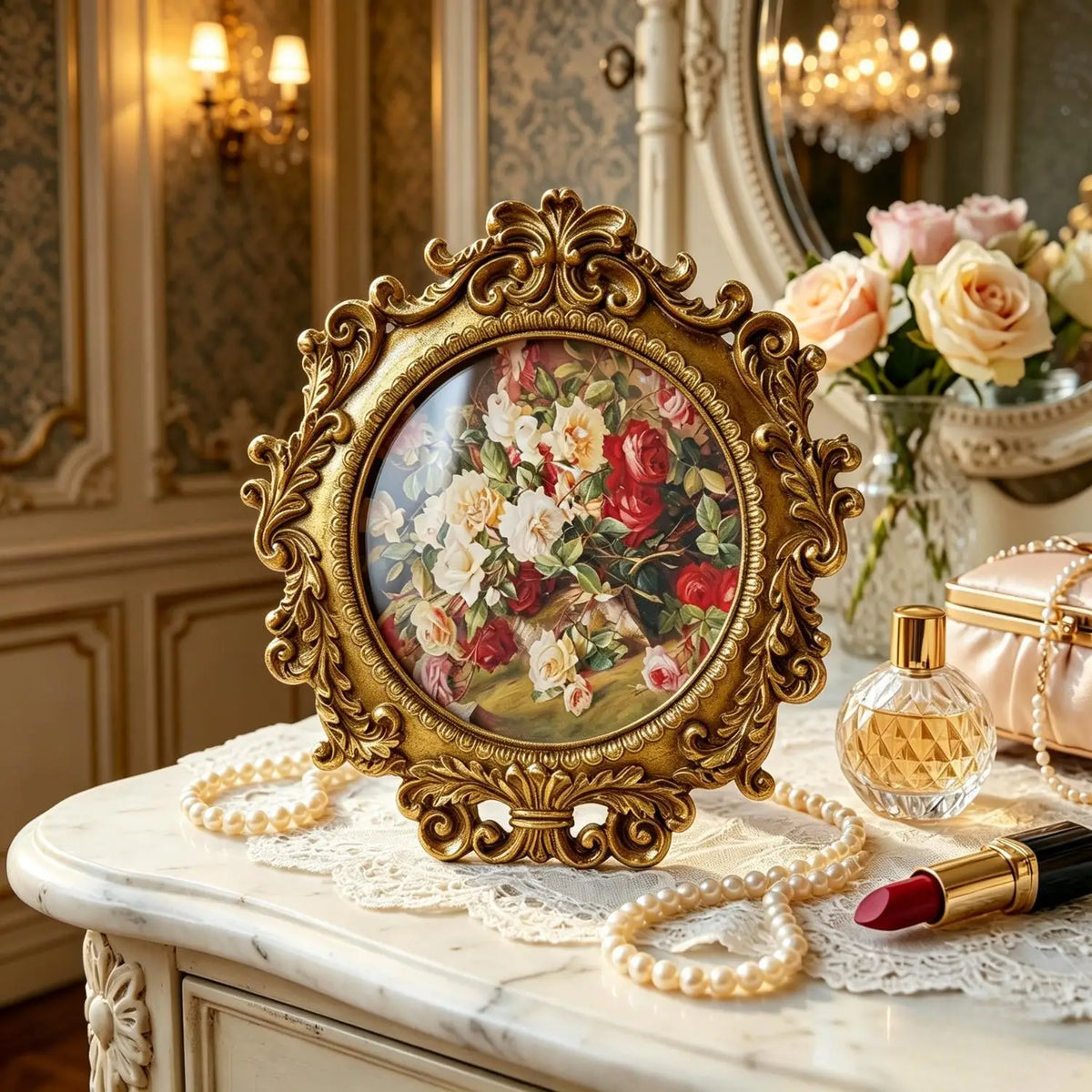 Vintage Gold Round 4x4 Inch Picture Frame, Antique Frame with HD Glass Tabletop & Wall Mount...