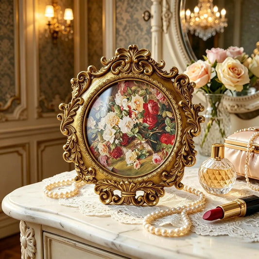 Vintage Gold Round 4x4 Inch Picture Frame, Antique Frame with HD Glass Tabletop & Wall Mount...