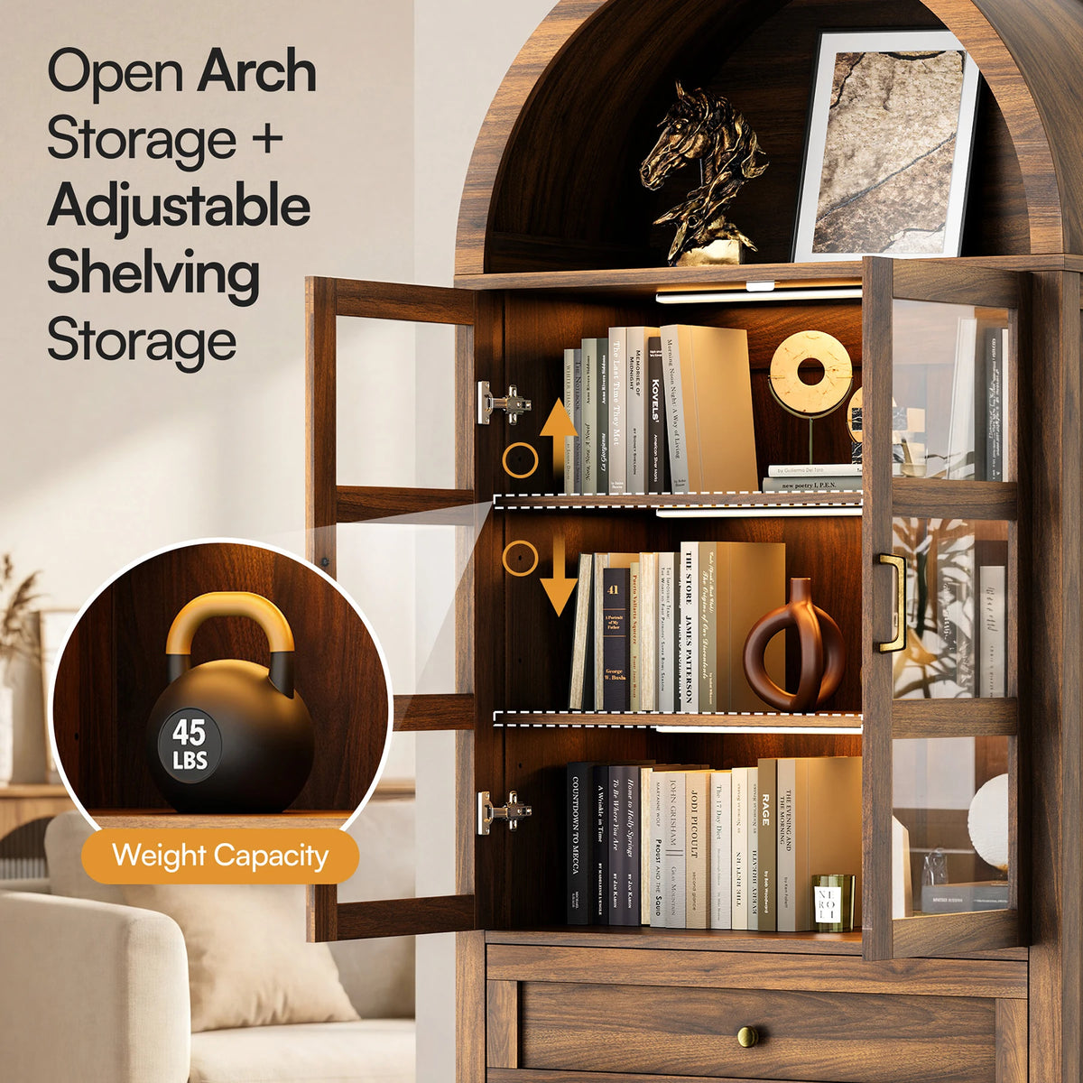 Arched Wooden Storage Cabinet,71'' H X 30.7'' W X 14.6'' D Adjustable with Dimmable LED Lights