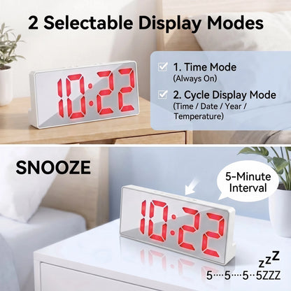 White Mirror Surface Voice Activated Alarm Clock, 3 Sets Alarms Time, Date, Temperature Cycle Display, USB Rechargeable.....