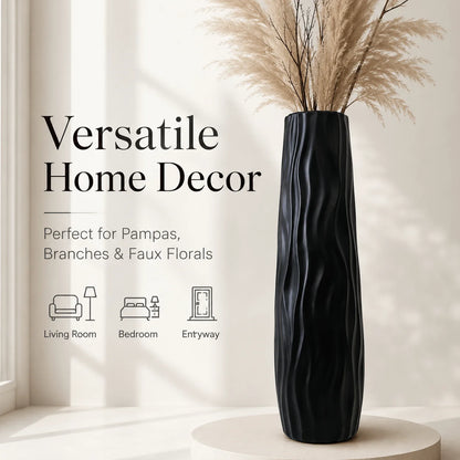 Modern Black Tall Floor Vase, Elegant Wavy Plastic Flower Pot,