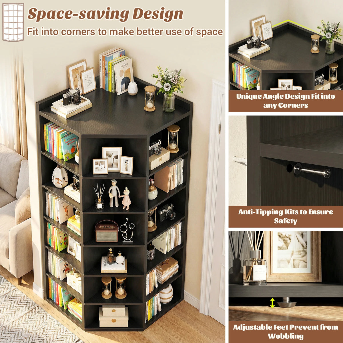7‑Tier Corner Cube Bookshelf, Black 20"D x 28.1"W x 64.5"H