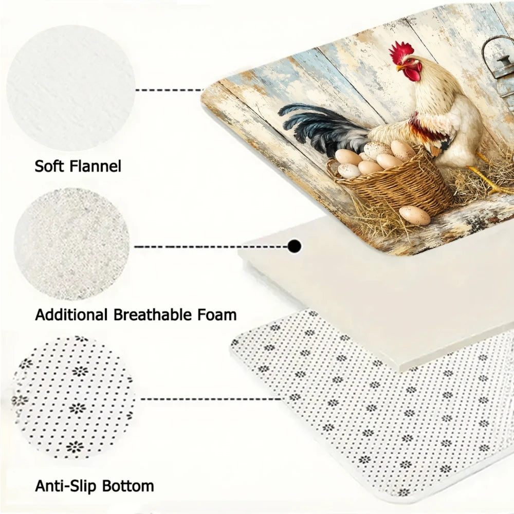 3PCS Kitchen Rugs Rooster Chicken Basket Rustic Pattern