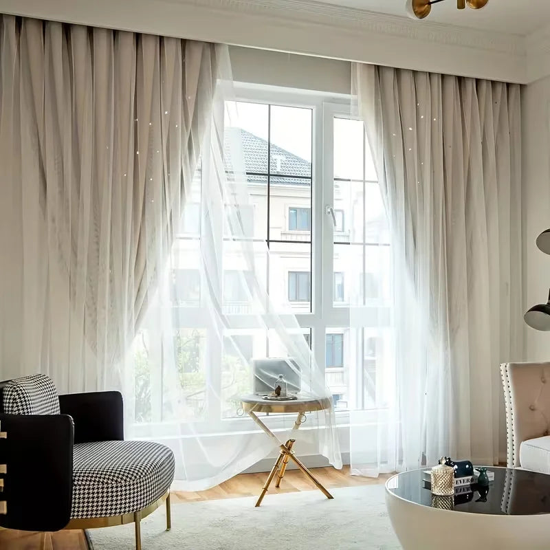 1 Color, Double Layer Curtain, Black Back, Livingroom, Bedroom, 1 or 2 Panels,5 Sizes Hollow Out Curtain, Grommet Top