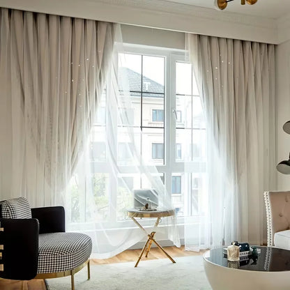 1 Color, Double Layer Curtain, Black Back, Livingroom, Bedroom, 1 or 2 Panels,5 Sizes Hollow Out Curtain, Grommet Top