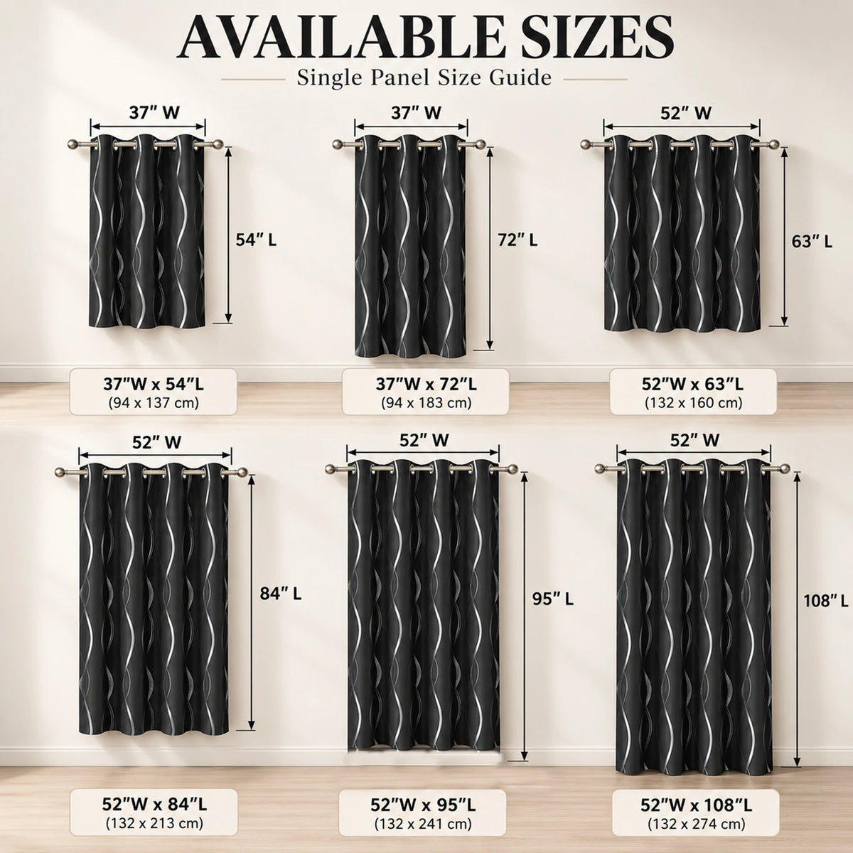 Black 4 Panels Blackout Curtains Thermal Insulated With Black Inside Coated Backing, 6 Sizes....