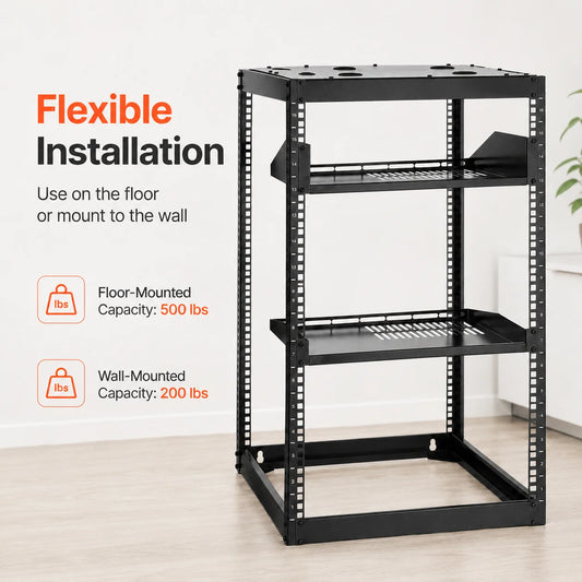 16U Open Frame Network Rack 23 Inch Deep 4 Post Server Rack Wall Mount Floor Standing with 2 Shelves