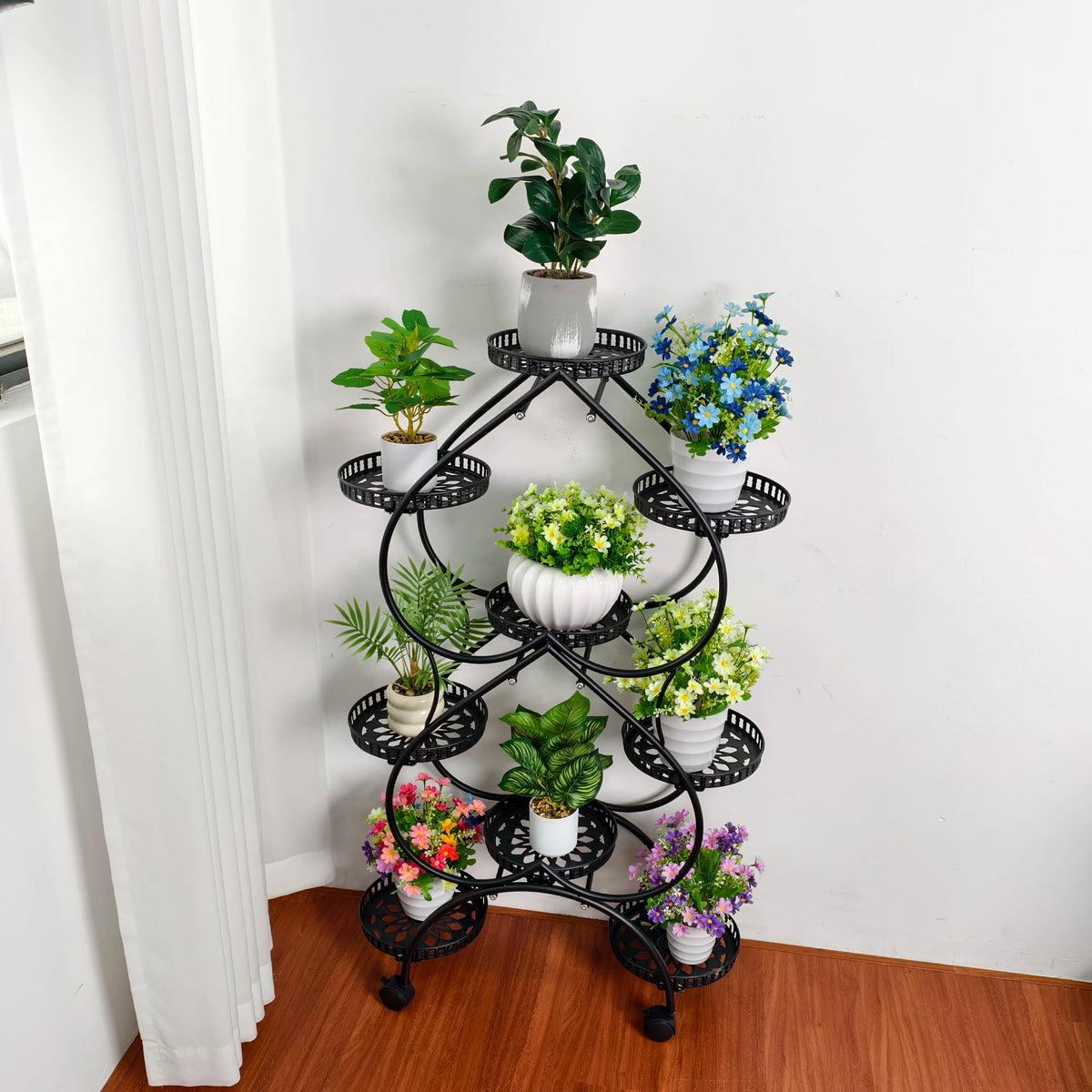 Metal Plant Stand 9-Pot Diameter 9.84 inch, Rolling Display Rack With Wheels Indoor Outdoor, 28.74x11.81x48.82 inches