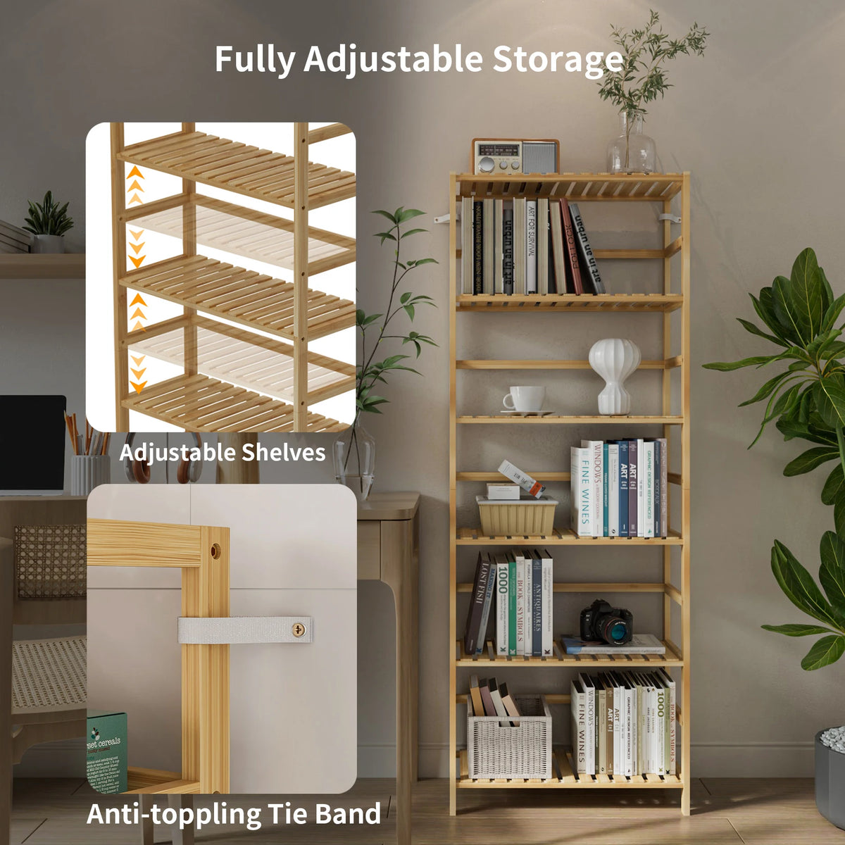 6 Tier Wooden Bookshelf with Adjustable Shelves Free Standing And Wall Mount Natural Bamboo