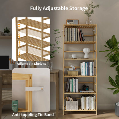 6 Tier Wooden Bookshelf with Adjustable Shelves Free Standing And Wall Mount Natural Bamboo