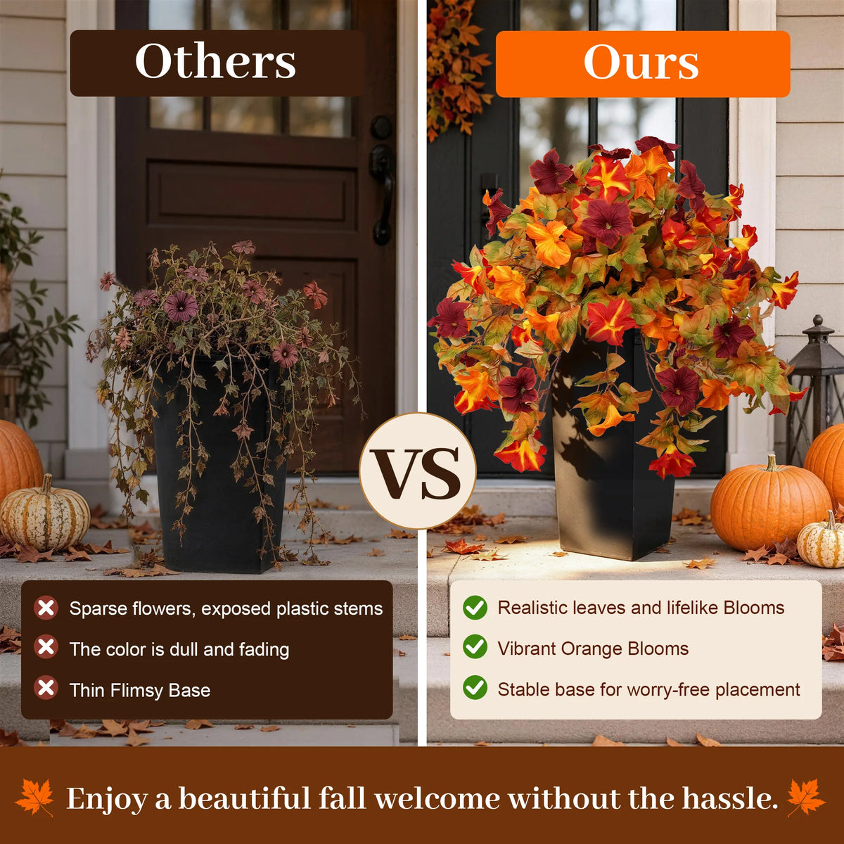 2 Pack Artificial Fall Hanging Flowers in Black Pot,  Morning Glory, UV Resistant ....