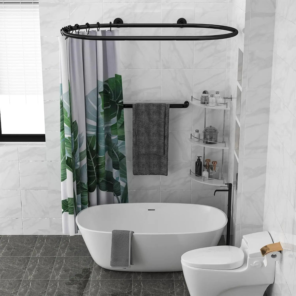 Aluminum Oval Shower Curtain Rod for Clawfoot Tub, Square Design, Black, 43.3 In x25.2