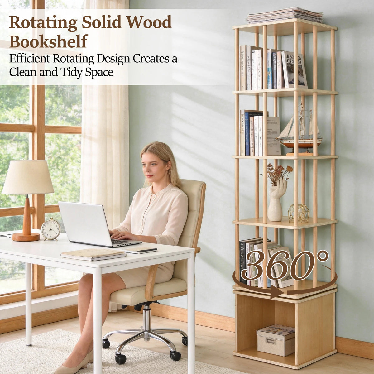 5-Tier Rotating Bookshelf, Solid Wood Bookcase, Freestanding Revolving Shelf.....