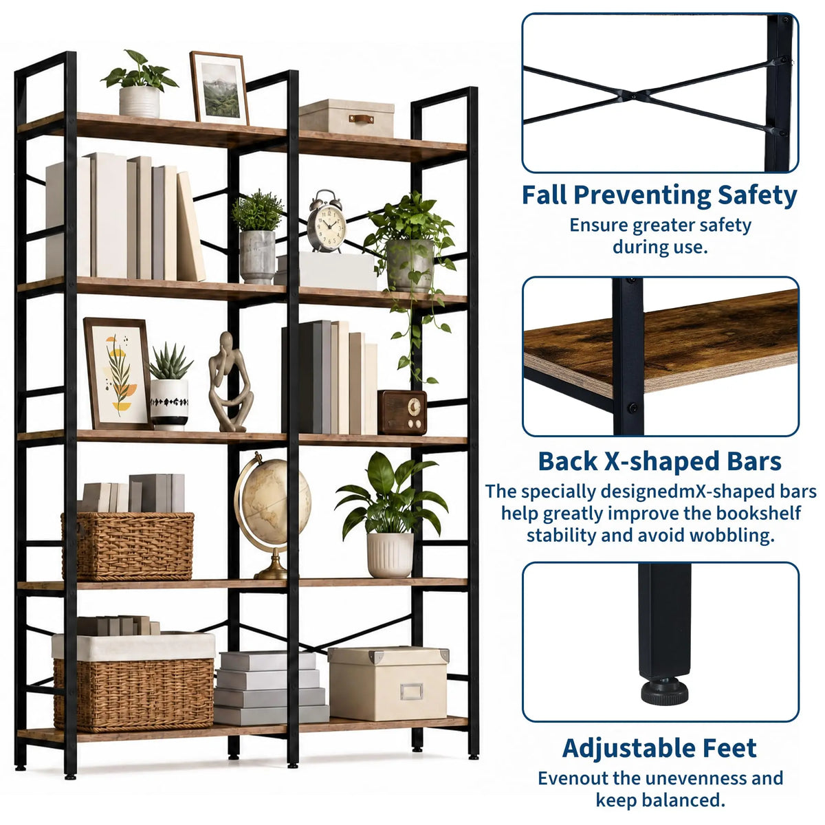 5 Tier  Vintage Wooden Shelves Metal Frame, Free Standing, Adjustable Feet, Fall Prevention.....