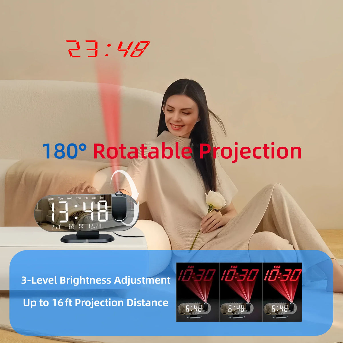 8.8 Inch Projection Alarm Clock, Mirror Display 180 Degree Rotation, Temperature USB Charging Port, White & Black.....