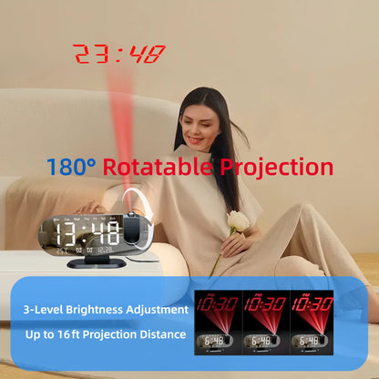 8.8 Inch Projection Alarm Clock, Mirror Display 180 Degree Rotation, Temperature USB Charging Port, White & Black.....