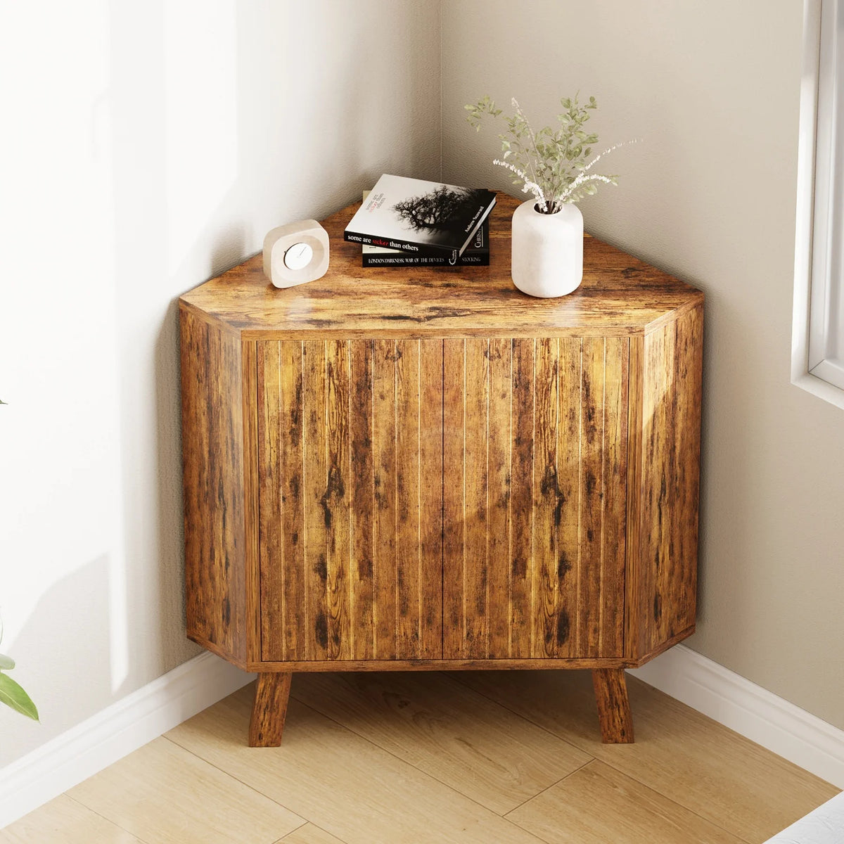 Rustic Wooden Corner Storage Cabinet with Adjustable Shelf....
