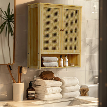 Bamboo Bathroom Wall Cabinet, Over the Toilet, Solid Wood, 3 Shelves, 2 Doors