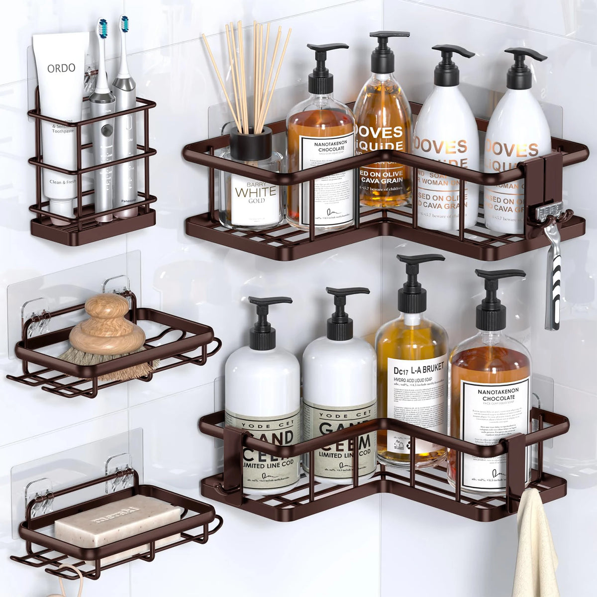 Shower Caddy, 5-Pack Organizer  with Soap Holder and 4 Removable Hooks No Drilling, Random Color Stainless Steal....