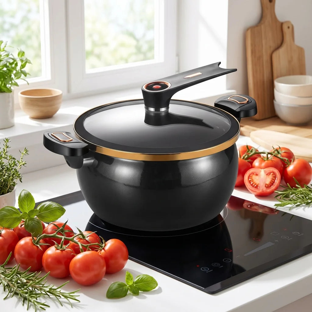8L Large Black Enamel Micro Pressure Cooker, Non‑Stick, Glass Cover....