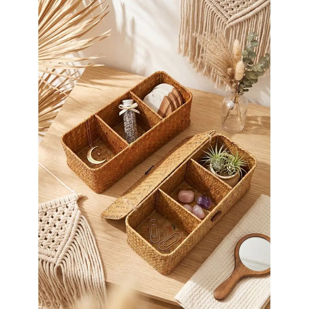 1pc Handwoven Rattan Seagrass Rustic Storage Basket With Lid...